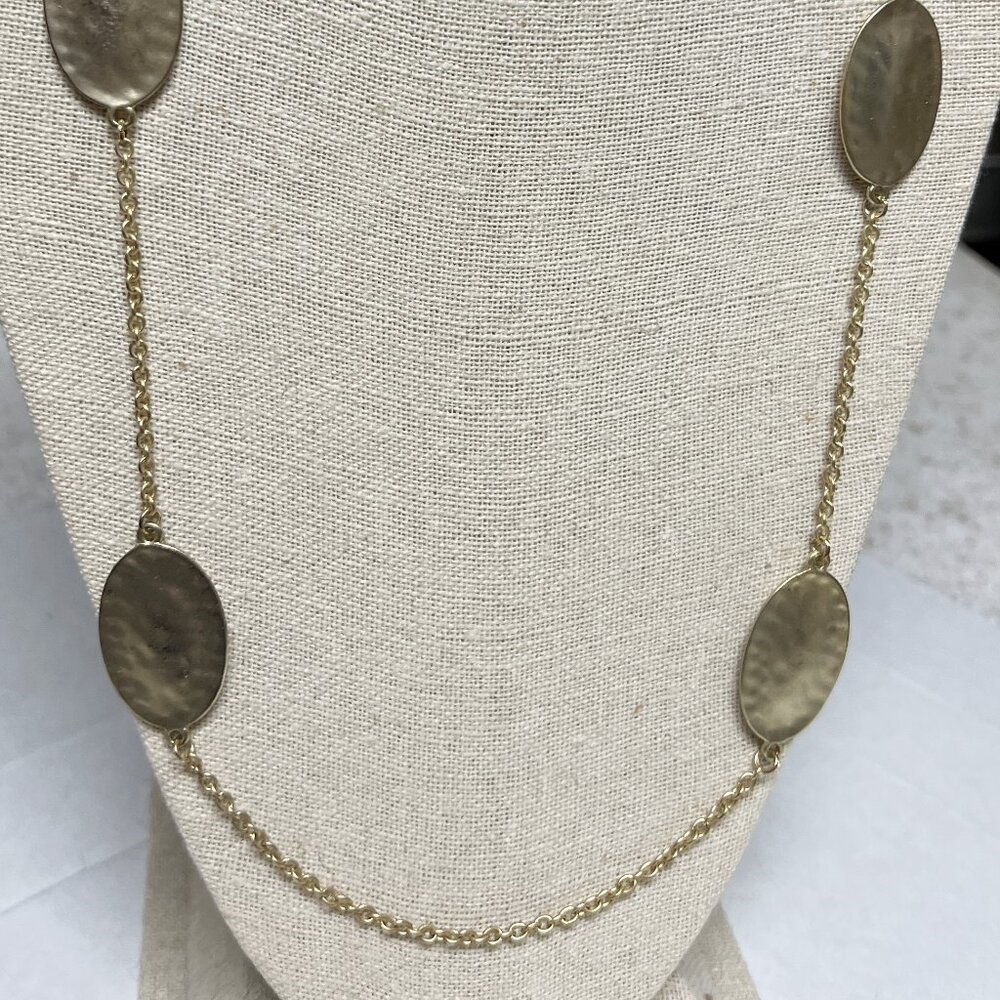 Long gold tone necklace, signed PURE, excellent condition.